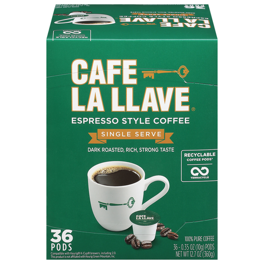 Café La Llave Coffee, Dark Roasted, Espresso Style, Single Serve Pods