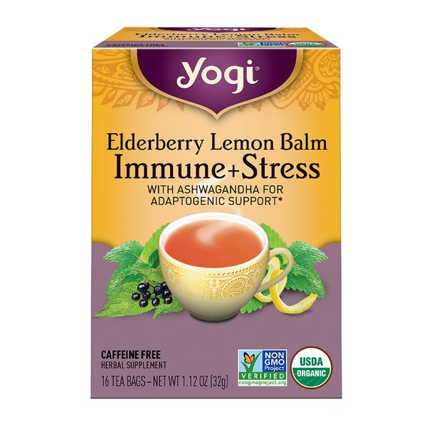 Yogi Tea Herbal Tea, Elderberry Lemon Balm Immune + Stress Tea, Caffeine Free