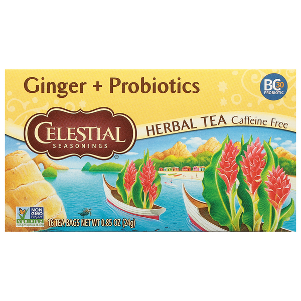 Celestial Seasonings Herbal Tea, Ginger + Probiotics, Caffeine Free, Tea Bags